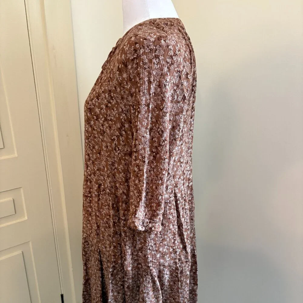 Brown Crinkle Textured Boho Chic Floral Dress by BE COOL, Size Medium - Picture 5 of 11